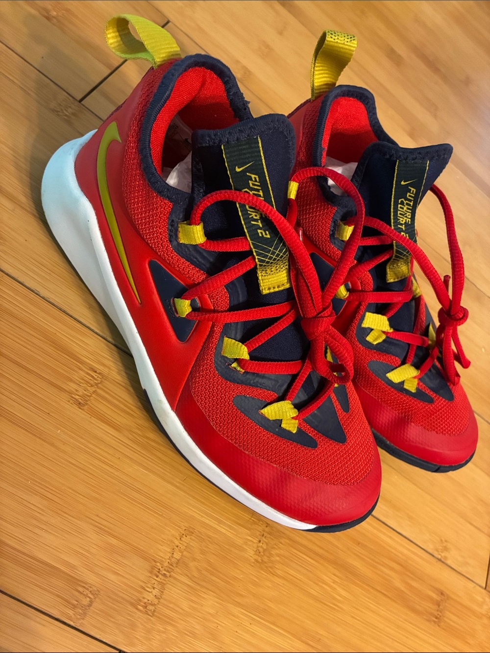 Nike Future Court 2 Kids Red Sneakers with Yellow Accents Youth 4Y